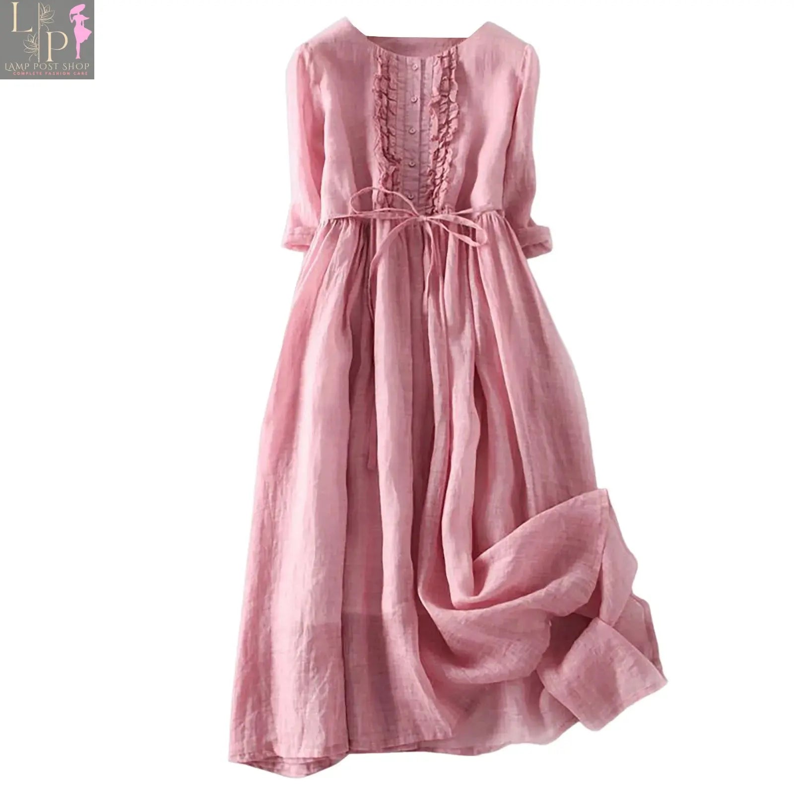 Pink Summer Dress for Women Casual Loose Shirt Dress New Short-sleeved Robe Vintage Cotton Linen Lamp Post